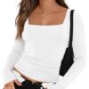 Trendy Queen Womens Long Sleeve Shirts 2024 Basic Crop Tops Fashion Slims Fitted Y2k Workout Clothes Square Neck Going Out Spring Outfits White