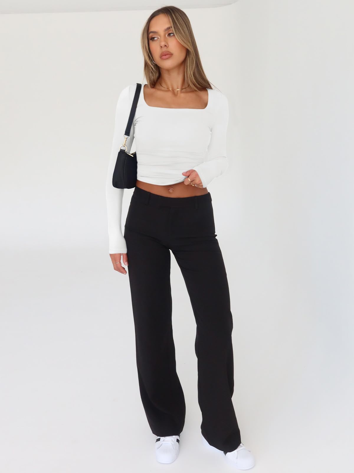 Trendy Queen Womens Long Sleeve Shirts 2024 Basic Crop Tops Fashion Slims Fitted Y2k Workout Clothes Square Neck Going Out Spring Outfits White - Image 7